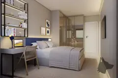 Dormitório com cama de solteiro, escrivaninha, estante iluminada e guarda-roupa espelhado — Jardim de Coqueiros em Coqueiros, Florianópolis