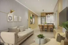 Sala de estar integrada com jantar e cozinha americana, sofá bege, mesa de jantar e parede ripada — Jardim de Coqueiros em Coqueiros, Florianópolis