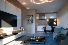 Perspectiva da sala de estar com TV, sofá e cozinha integrada do Lazuli Residence — Lazuli Residence em Ponta das Canas, Florianópolis