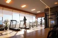Perspectiva da academia do Lazuli Residence com esteiras, ciclismo e vista para o oceano — Lazuli Residence em Ponta das Canas, Florianópolis