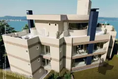 Perspectiva da fachada lateral do Lazuli Residence com varandas e vista para o oceano — Lazuli Residence em Ponta das Canas, Florianópolis
