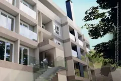 Perspectiva da fachada com acesso e escada externa do Lazuli Residence — Lazuli Residence em Ponta das Canas, Florianópolis