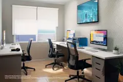 Perspectiva do home office com três estações de trabalho e TV no Lazuli Residence — Lazuli Residence em Ponta das Canas, Florianópolis