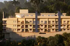 Perspectiva da fachada traseira do Lazuli Residence ao entardecer com vegetação e araucárias — Lazuli Residence em Ponta das Canas, Florianópolis