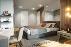 Perspectiva do quarto principal com cama de casal, penteadeira e iluminação quente — Lazuli Residence em Ponta das Canas, Florianópolis
