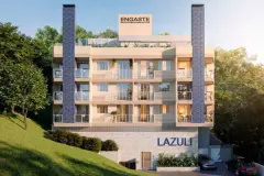 Perspectiva da fachada principal do Lazuli Residence com logotipo e jardim — construtora Engaste — Lazuli Residence em Ponta das Canas, Florianópolis