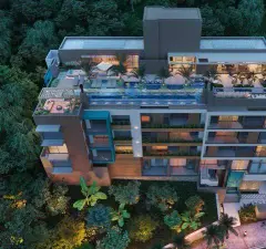 Perspectiva aérea do Liv 2460 ao entardecer com rooftop, piscina e jardim suspenso — ângulo alternativo — LIV 2460 Boutique Residence em João Paulo, Florianópolis