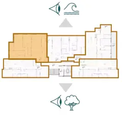 Planta baixa do pavimento tipo do Liv 2460 Boutique Residence com indicação de vistas para o mar e parque — LIV 2460 Boutique Residence em João Paulo, Florianópolis
