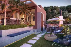 Perspectiva da área externa do Liv 2460 com jardim gramado, deck, churrasqueira e academia envidraçada — LIV 2460 Boutique Residence em João Paulo, Florianópolis