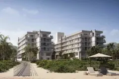 Perspectiva ilustrativa da fachada com dois blocos de 6 andares, vista da praia com passarela de madeira e espreguiçadeiras — Lumina Residence em Cachoeira do Bom Jesus, Florianópolis