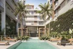 Perspectiva ilustrativa da área da piscina entre os dois blocos com espreguiçadeiras, palmeiras e jardim vertical — Lumina Residence em Cachoeira do Bom Jesus, Florianópolis