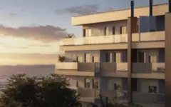 Perspectiva ilustrativa da fachada lateral do edifício ao pôr do sol com varandas e vista para o mar — Lumina Residence em Cachoeira do Bom Jesus, Florianópolis
