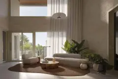 Perspectiva ilustrativa da sala de estar com pé-direito duplo, sofá modular e janelas com vista para jardim e palmeiras — Lumina Residence em Cachoeira do Bom Jesus, Florianópolis