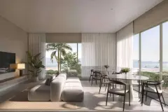 Perspectiva ilustrativa da sala de estar integrada à sala de jantar com sofá, mesa e vista panorâmica para o mar — Lumina Residence em Cachoeira do Bom Jesus, Florianópolis