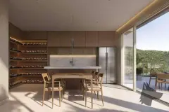 Perspectiva ilustrativa da adega com prateleiras de madeira para vinhos, ilha, geladeira side-by-side e acesso à varanda com vista para a mata — Lumina Residence em Cachoeira do Bom Jesus, Florianópolis