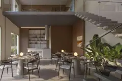 Perspectiva ilustrativa do restaurante interno do condomínio com mesas redondas, escada de concreto aparente e jardim ao fundo — Lumina Residence em Cachoeira do Bom Jesus, Florianópolis