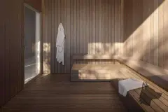 Perspectiva ilustrativa da sauna com revestimento de madeira escura, bancos em degraus e toalha pendurada — Lumina Residence em Cachoeira do Bom Jesus, Florianópolis