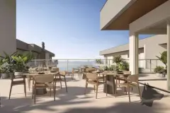 Perspectiva ilustrativa da área de jantar no rooftop com mesas, cadeiras de vime e vista panorâmica para o mar — Lumina Residence em Cachoeira do Bom Jesus, Florianópolis