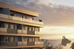 Perspectiva ilustrativa da fachada do edifício ao pôr do sol com varandas e mar ao fundo, ângulo lateral — Lumina Residence em Cachoeira do Bom Jesus, Florianópolis