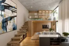 Perspectiva interna de unidade duplex com escada suspensa de madeira, sala integrada e mezanino com estante iluminada — Lunáh Blue View em Campeche, Florianópolis
