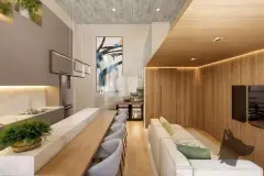Perspectiva da sala integrada à cozinha com bancada longa de mármore e revestimento em madeira — Lunáh Blue View em Campeche, Florianópolis