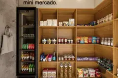 Mini mercado do condomínio com prateleiras de madeira abastecidas e adega refrigerada — Lunáh Blue View em Campeche, Florianópolis