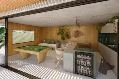 Perspectiva da sala de jogos com mesa de bilhar, televisão grande e churrasqueira integrada com cave de vinhos — Lunáh Blue View em Campeche, Florianópolis