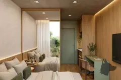 Perspectiva do quarto com cama de casal, guarda-roupa embutido, bancada de trabalho e televisão — Lunáh Blue View em Campeche, Florianópolis