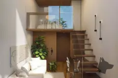 Perspectiva interna de studio com mezzanino, escada de madeira, sala de estar e área de refeições — Lunáh Blue View em Campeche, Florianópolis