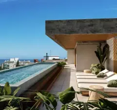 Terraço com piscina raia e espreguiçadeiras com vista para o mar, ângulo alternativo — Lunáh Blue View em Campeche, Florianópolis