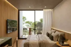 Perspectiva do quarto com cama de casal e porta para varanda com mesa e vista para jardim — Lunáh Blue View em Campeche, Florianópolis