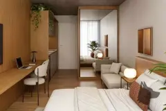 Perspectiva de studio com cama de casal, escrivaninha embutida em madeira e espelho de corpo inteiro — Lunáh Blue View em Campeche, Florianópolis
