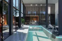 Perspectiva da área da piscina coberta do Maldivas Spa Urbano com ripas de madeira e vista para o exterior — Maldivas SPA Urbano em Ingleses, Florianópolis