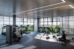 Perspectiva da academia do Maldivas Spa Urbano com equipamentos de musculação e parede de vidro panorâmica — Maldivas SPA Urbano em Ingleses, Florianópolis