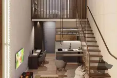 Perspectiva interna do loft duplex do Maldivas Spa Urbano com cozinha integrada e escada de madeira — Maldivas SPA Urbano em Ingleses, Florianópolis