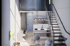 Perspectiva interna do loft duplex do Maldivas Spa Urbano em tonalidades cinzas com cozinha e escada — ângulo alternativo — Maldivas SPA Urbano em Ingleses, Florianópolis