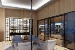 Perspectiva da área de recepção do spa do Maldivas Spa Urbano com estantes iluminadas e sala de tratamento em vidro — Maldivas SPA Urbano em Ingleses, Florianópolis