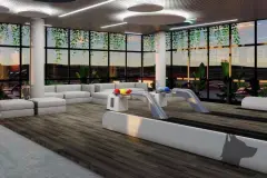 Perspectiva da sala de boliche do Maldivas Spa Urbano com pistas e sofás ao fundo — Maldivas SPA Urbano em Ingleses, Florianópolis