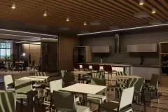 Perspectiva do espaço gourmet do Maldivas Spa Urbano com mesas e cozinha equipada em iluminação noturna — Maldivas SPA Urbano em Ingleses, Florianópolis