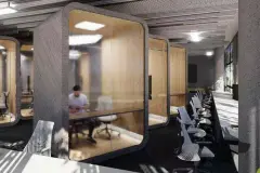Perspectiva do coworking do Maldivas Spa Urbano com pods individuais de vidro e bancadas de trabalho — Maldivas SPA Urbano em Ingleses, Florianópolis