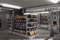 Perspectiva da minimarket do Maldivas Spa Urbano com prateleiras de alimentos e máquinas de venda automática — Maldivas SPA Urbano em Ingleses, Florianópolis