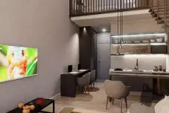 Perspectiva interna do loft duplex do Maldivas Spa Urbano com mezanino, escada e sala — ângulo alternativo — Maldivas SPA Urbano em Ingleses, Florianópolis