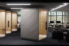 Perspectiva do coworking do Maldivas Spa Urbano com pods grandes de vidro e área de estar com poltronas — Maldivas SPA Urbano em Ingleses, Florianópolis