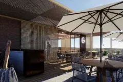 Perspectiva da área de restaurante ao ar livre do Maldivas Spa Urbano com sombreiros e mesas — Maldivas SPA Urbano em Ingleses, Florianópolis