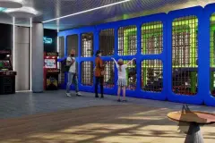 Perspectiva da área de jogos do Maldivas Spa Urbano com estrutura de escalada e fliperama — Maldivas SPA Urbano em Ingleses, Florianópolis