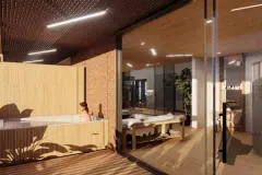 Perspectiva do spa do Maldivas Spa Urbano com banheira de imersão e sala de massagem ao fundo — Maldivas SPA Urbano em Ingleses, Florianópolis