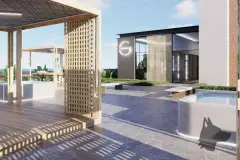 Perspectiva da área externa do spa com piscina e quiosques de madeira do Maldivas Spa Urbano — ângulo alternativo — Maldivas SPA Urbano em Ingleses, Florianópolis