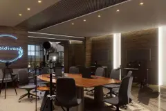 Perspectiva do estúdio criativo do Maldivas Spa Urbano com mesa de reunião e equipamentos fotográficos — Maldivas SPA Urbano em Ingleses, Florianópolis