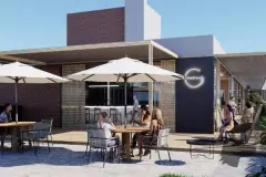 Perspectiva do café externo do Maldivas Spa Urbano com mesas ao ar livre e fachada de tijolo — Maldivas SPA Urbano em Ingleses, Florianópolis