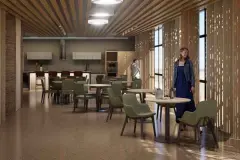 Perspectiva do espaço gourmet do Maldivas Spa Urbano com mesas, cozinha e paredes ripadas — ângulo alternativo — Maldivas SPA Urbano em Ingleses, Florianópolis